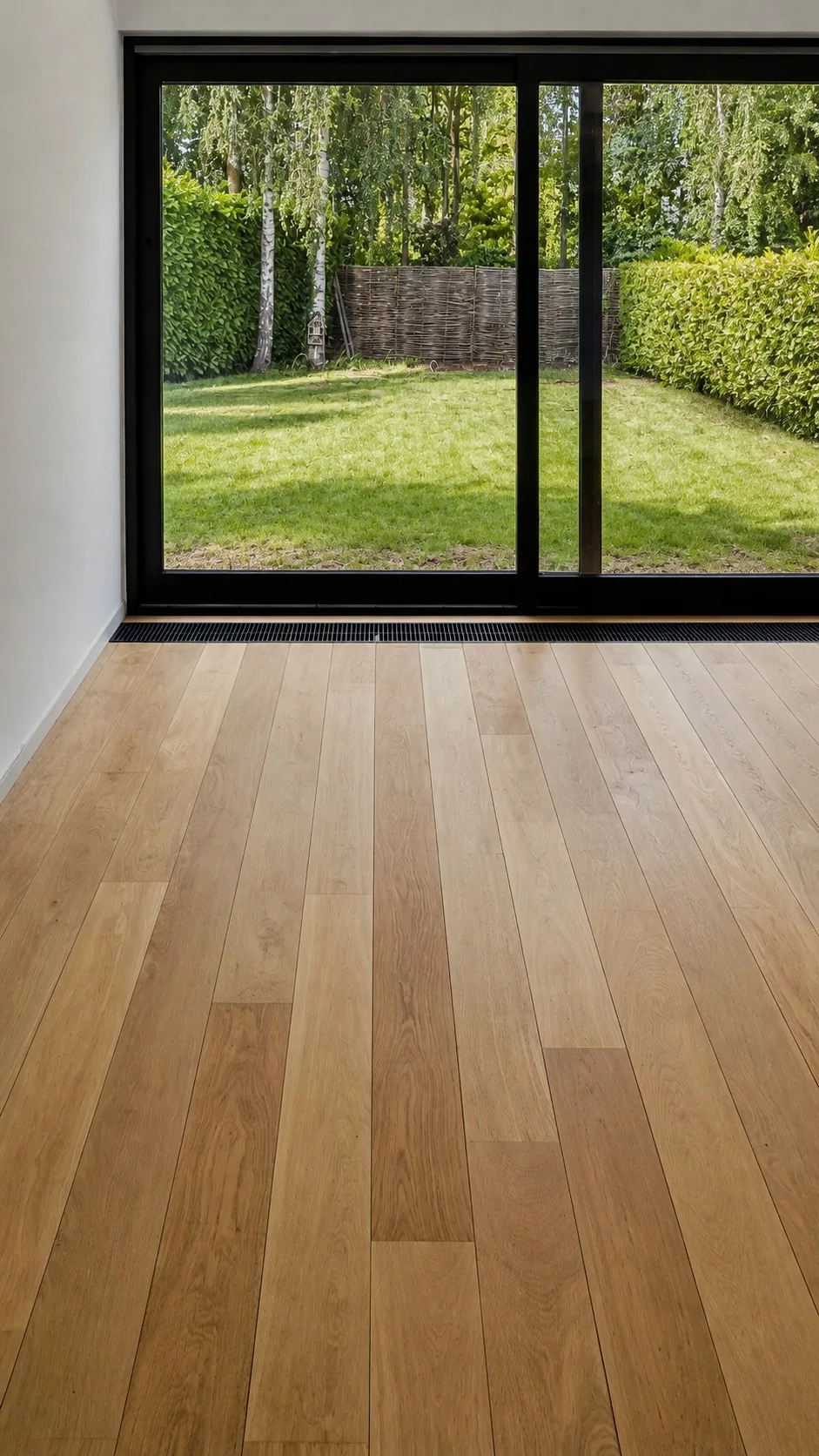 Parquet rénové devant une grande baie vitrée noire