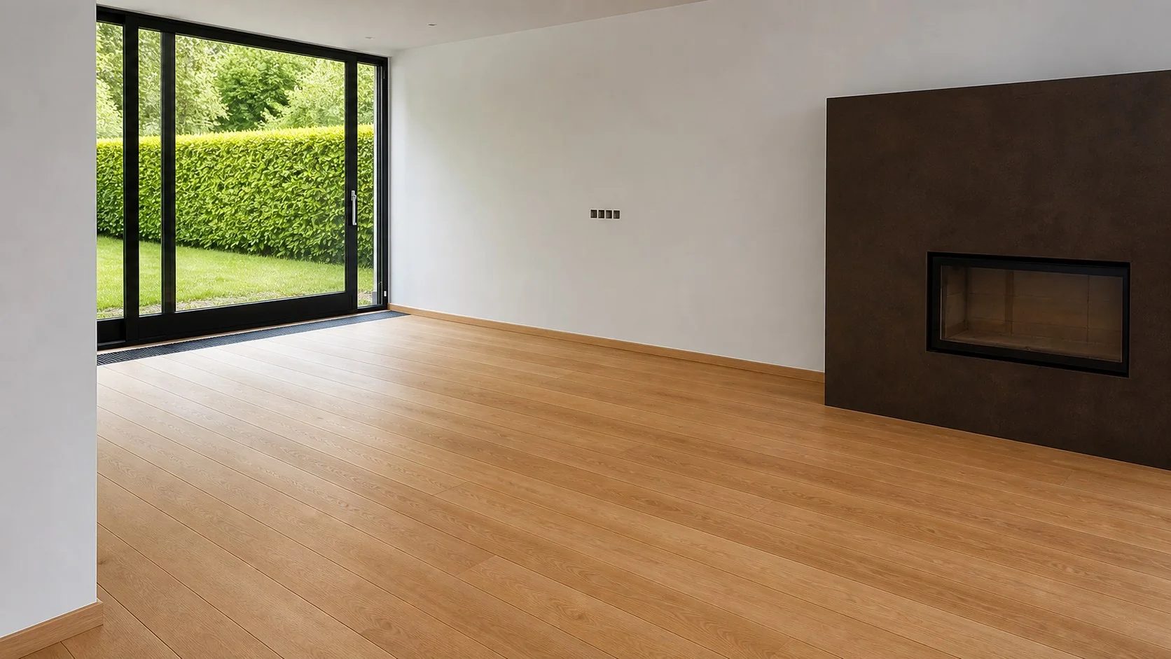 Rénovation intérieure avec parquet, baie vitrée et cheminée